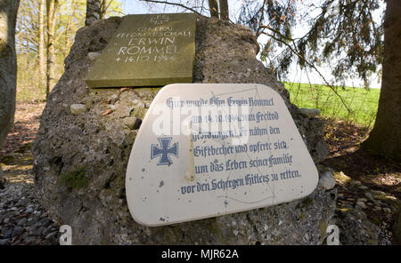 18 April 2018, Germany, Herrlingen: A stone reminds of Erwin Rommel. The former Field Marshal in the Wehrmacht Erwin Rommel spent his last years in Herrlingen. Photo: Stefan Puchner/dpa Stock Photo