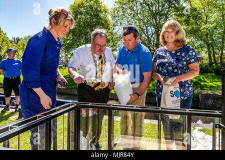 The Saltway, Droitwich, UK, 6th May 2018.  and a new sculpture by artist Katy Bienart arrives by canal barge. The sculpture represents the towns history as a salt production centre and the public where invited to fill the glass walls with salt from around the world. Credit: David Broadbent/Alamy Live News Stock Photo