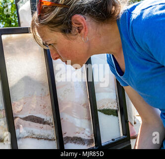 The Saltway, Droitwich, UK, 6th May 2018.  and a new sculpture by artist Katy Bienart arrives by canal barge. The sculpture represents the towns history as a salt production centre and the public where invited to fill the glass walls with salt from around the world. Credit: David Broadbent/Alamy Live News Stock Photo