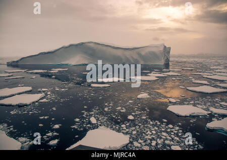 Magnificent iceberg floats on placid, inky-blue sea with broken pieces of sea-ice.  Low sun casts pale orange light through a small gap in clouds Stock Photo