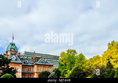 Sapporo Old City Hall during autumn. Trees surrounding the building change into fall colour and give this famous tourist hotspot a beautiful looks. Stock Photo