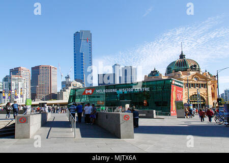 Melbourne, Australia: April 09, 2018: Melbourne visitor centre in Federation Square is frequented by the many tourists that come to the city. Stock Photo