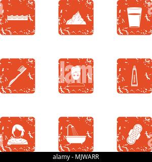 Morning procedure icons set, grunge style Stock Vector