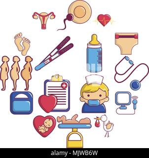 Pregnancy icons set, cartoon style Stock Vector