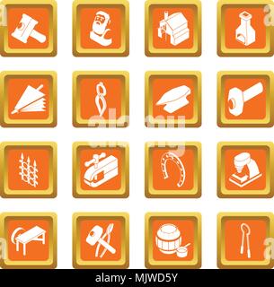Blacksmith tools icons set orange square vector Stock Vector