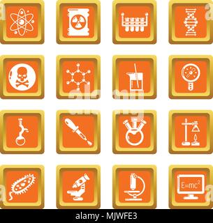 Chemistry laboratory icons set orange square vector Stock Vector