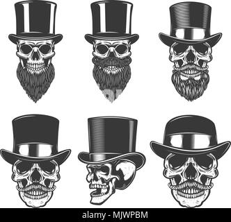 Set of skulls in retro hats. Design element for poster, card, t shirt, emblem, badge. Vector image Stock Vector