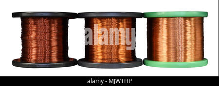 Three different rolls of copper wire with assorted thicknesses and conductivity isolated on white in a concept of the electronics industry Stock Photo