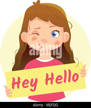 Girl holding Hey Hello poster-Wink Stock Vector