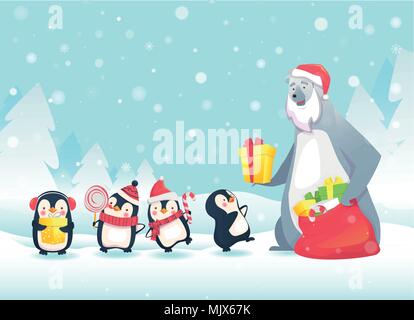 Polar bear gives gifts to penguins Stock Vector