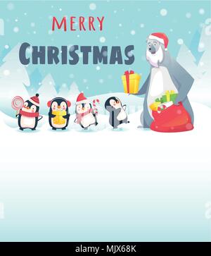 cute penguin and polar bear gifts trees merry christmas vector ...