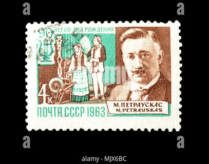 Cancelled postage stamp printed by Soviet Union, that shows portrait of Petrauskas, circa 1963. Stock Photo