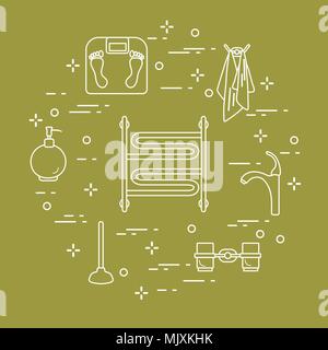 Bathroom elements:  scales, towel warmer, faucet, plunger, glasses, soap dispenser, towels. Design for poster or print. Stock Vector