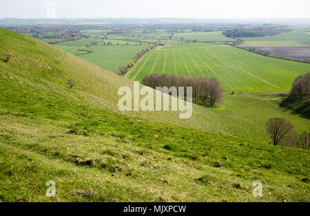 Steep chalk scarp slope looking south over Vale of Pewsey, near Knap Hill, Wiltshire, England, UK Stock Photo