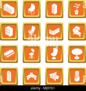 Office furniture icons set orange square vector Stock Vector