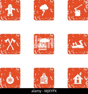 Timber house icons set, grunge style Stock Vector