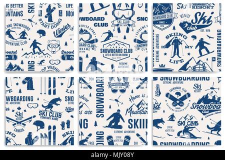 Set of Ski and Snowboard Club seamless pattern. Vector. Concept for shirt, print, stamp, badge or tee. Vintage typography design with snowboarder and  Stock Vector