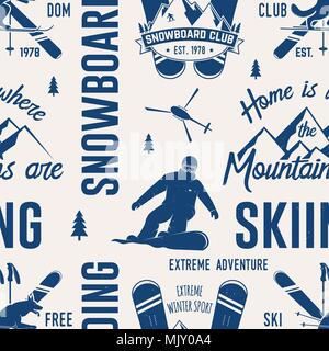 Ski and Snowboard Club seamless pattern. Vector illustration. Concept for shirt, print, stamp, badge or tee. Vintage typography design with snowboarde Stock Vector