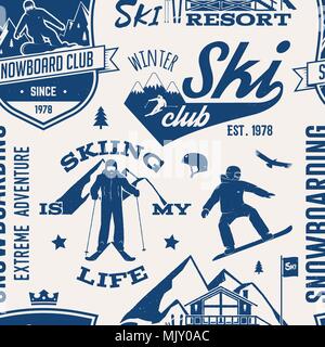 Ski and Snowboard Club seamless pattern. Vector illustration. Concept for shirt, print, stamp, badge or tee. Vintage typography design with snowboarde Stock Vector