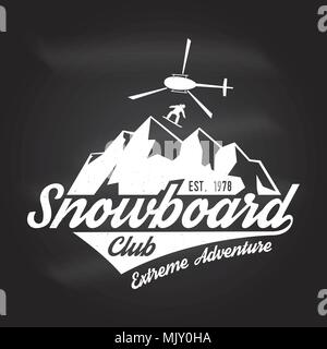 Snowboard Club. Vector. Concept for shirt, print, stamp, badge or tee. Vintage typography design with snowboard, helicopter and mountain silhouette. E Stock Vector