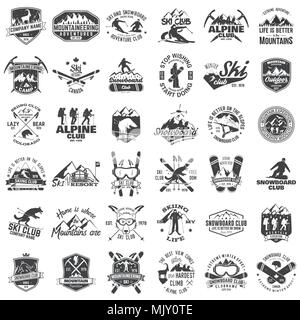 Mountain expedition, ski and snowboard club emblem. Vector. Concept for shirt, print, stamp. Vintage typography design with snowboarder and skier silh Stock Vector