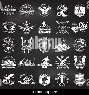 Ski and Snowboard Club emblem. Vector illustration. Concept for shirt, print, stamp, badge or tee. Vintage typography design with snowboarder and skie Stock Vector