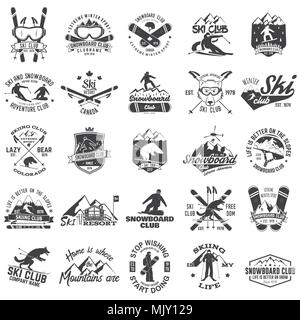 Ski and Snowboard Club emblem. Vector illustration. Concept for shirt, print, stamp, badge or tee. Vintage typography design with snowboarder and skie Stock Vector