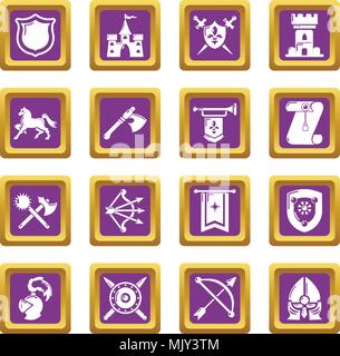 Knight medieval icons set purple square vector Stock Vector