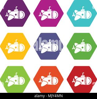 Submarine with round nose icons set 9 vector