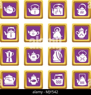 Teapot icons set purple square vector Stock Vector