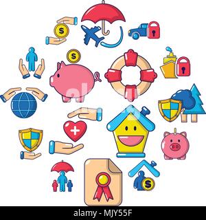 Insurance icons set, cartoon style Stock Vector