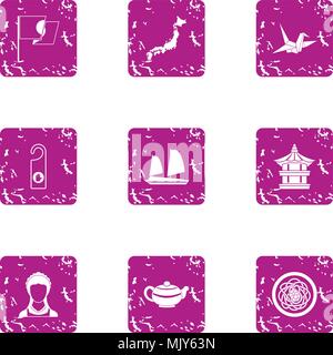 Asian seafarer icons set, grunge style Stock Vector