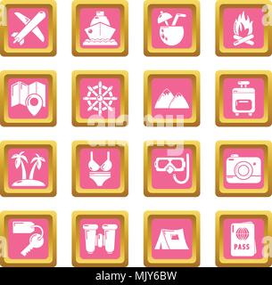 Travel summer icons set pink square vector Stock Vector
