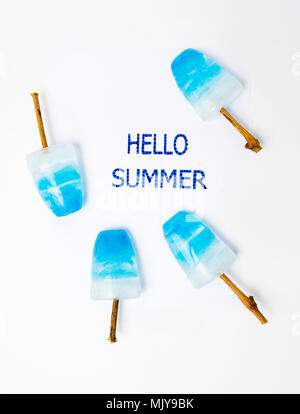 Hello summer card with blue popsicles top view Stock Photo