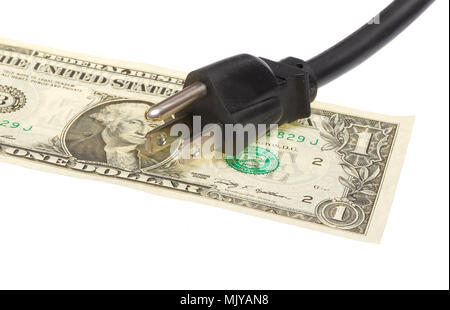One black US electric power plug on a one US Dollar banknote, isolated on white background. Stock Photo