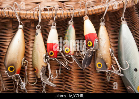 A selection of vintage fishing lures, also known as plugs