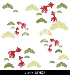 Japanese pattern vector. Red fish and green tree background. Stock Vector