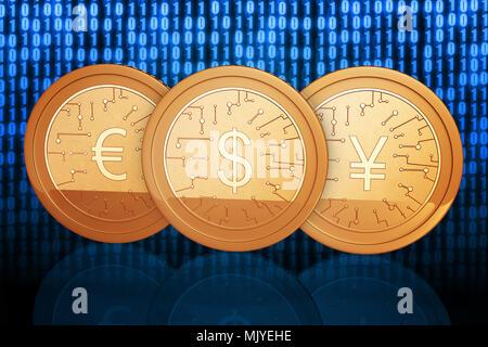 3D rendering , Dollar and Yen and Euro money create in digital coin with blue digital background , finance concept Stock Photo