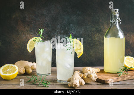 Ginger Ale - Homemade lemon and ginger organic soda drink, copy space. Stock Photo