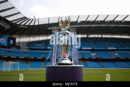 General view of the Premier League trophy on display before the Premier League match at the Etihad Stadium, Manchester. Stock Photo