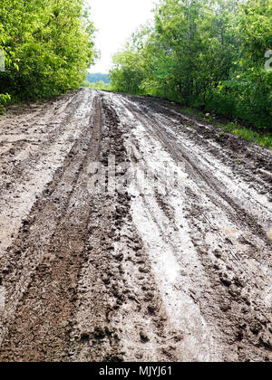 Wet muddy country road, A country road with ruts and puddles, spring Stock Photo