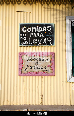 Patagonia restaurant signs. La comida. Pescados mariscos Stock Photo