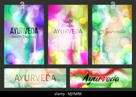 Aayurveda brochure templates and horizontal banners for wellness and cosmetic design. Blurred colorful backgrounds for presentation in pink or ultraviolet, green, yellow and violet colors. Stock Vector