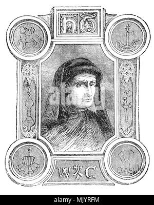 An ornate portrait of William Caxton (1412-1493) who set up the first printing press in England in 1472. He was born in Kent and after schooling spent many years in Bruges and Holland, rising to an eminent position among his fellow merchants. He went to Cologne and embraced the new technique of printing and acquired a press in order to publish his translations of various French books. Bringing his press to England he rented premises at the sign of the Red Pale in Westminster. Between 1473 and his death in 1492, he published a hundred books. Stock Photo