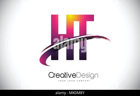 HT H T Purple Letter Logo with Swoosh Design. Creative Magenta Modern Letters Vector Logo Illustration. Stock Vector
