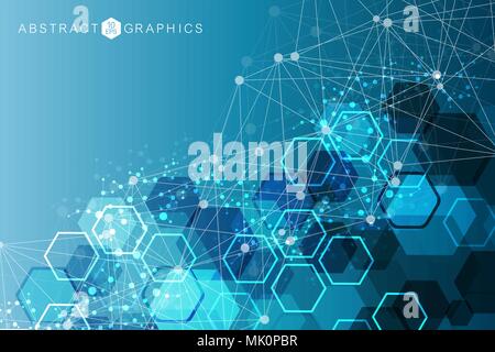 Modern futuristic background of the scientific hexagonal pattern. Virtual abstract background with particle, molecule structure for medical, technology, chemistry, science. Social network vector. Stock Vector
