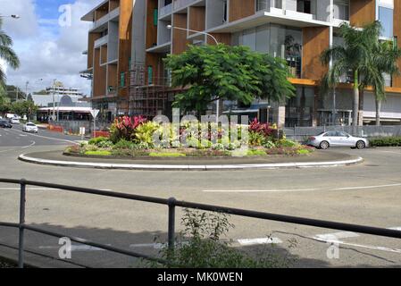 Street view of traffic roundabout in Australian city of Coffs Harbour. Moving car on road in Australia. Stock Photo