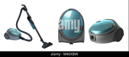 full view of a modern household vacuum cleaner of turquoise color on a white background. for copy space and cut out Stock Photo