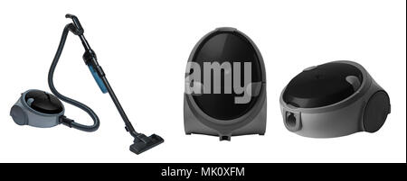 full view of a modern household vacuum cleaner of black color on a white background. for copy space and cut out Stock Photo