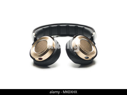 Black Headphones Isolated on White Background, with gold color and lether material. Stock Photo